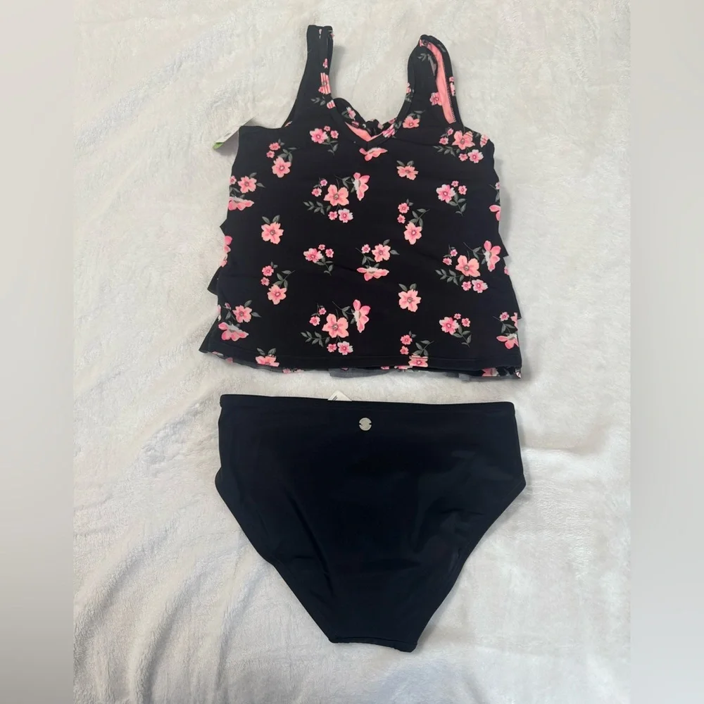 JUSTICE Girls Swimsuit Tankini Black Floral Bikini Size 12